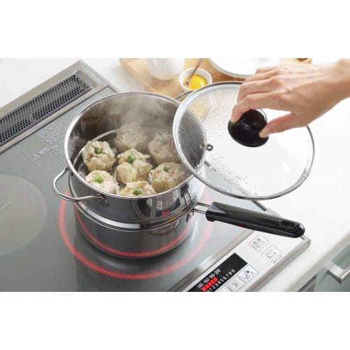 Yoshikawa SJ3357 Stainless Steel Two-Tier Steamer, 18cm, for Steamed Food, Gas and Induction Compatible