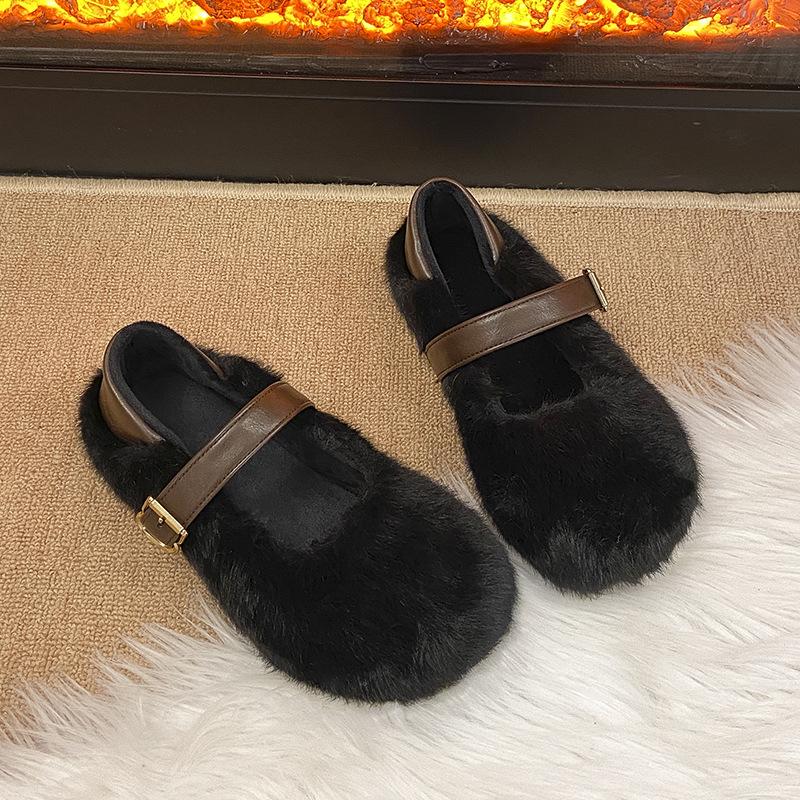 Enfärgade fluffiga skor dam ytterkläder 2025 höst och vinter nya sammet en-ords rem Mary Jane mjuk-sula platta bomullsskor