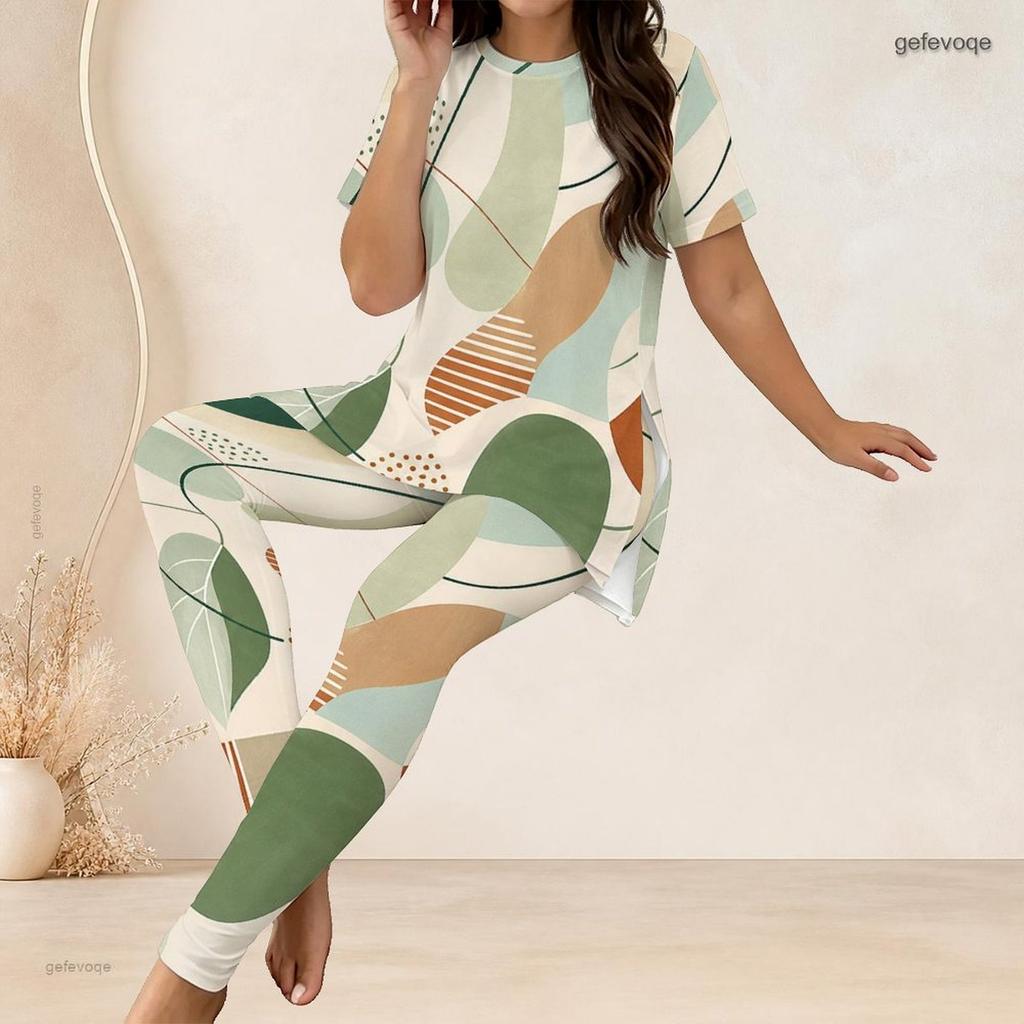 Women Plus Size Abstract Geometric Printed Round Neck Short Sleeve Top Fitted Long Pants Two Piece Loungewear Set