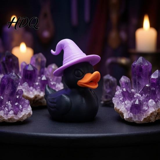 Decorative Duck Sculptures Halloween Witch Black Figurine, 3D Printed Hat Desk Handcrafted Plastic Ornaments Decor, Spooky Tabletop Ornament