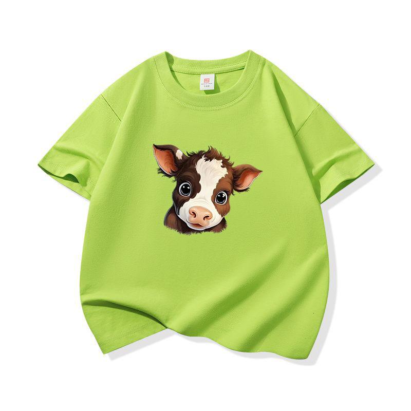 Kids Pure Cotton T Shirt Adorable Brown Baby Cow Print Crew Neck Short Sleeve Tee Casual Boys Girls Summer Tops