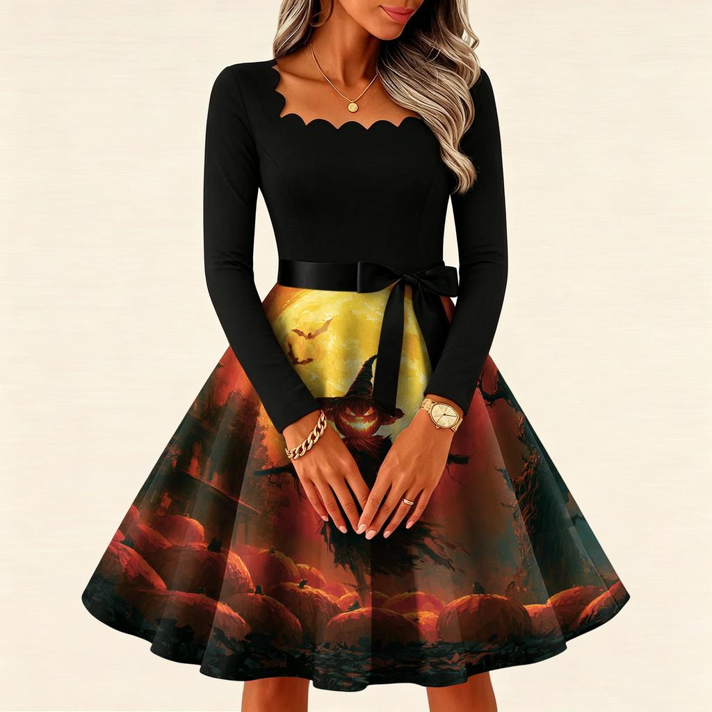 Women's Vintage Long Sleeve Square Neck Halloween Printed Party Dress for Evening Wear
