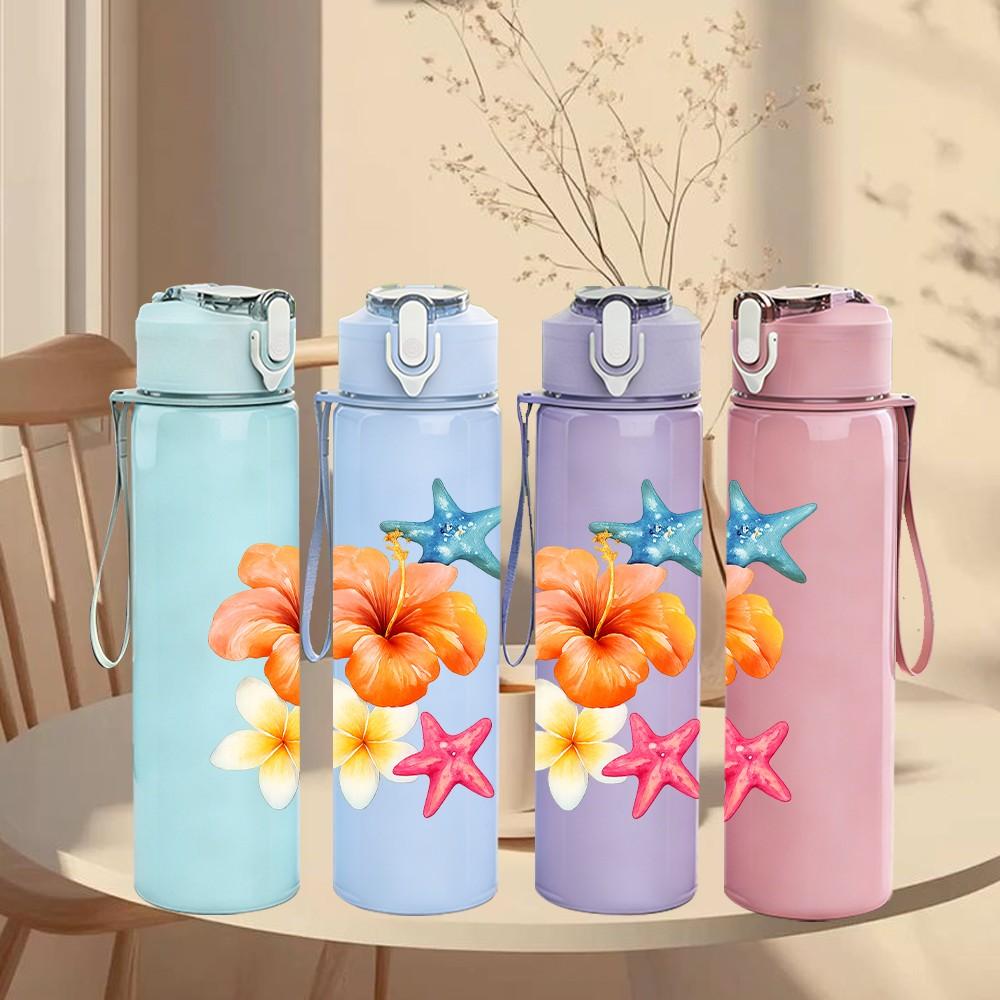 1PC Plumeria Flower Starfish Art 750ml Color Plastic Sports Water Bottle Leakproof Flip Straw Lid Suitable for Sports Office Home Use