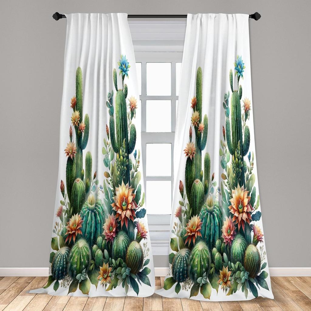 Ambesonne Cactus Window Curtains Wilderness Theme Blooming Desert Flowers Plain Backdrop Urban Jungle Lightweight Decor Made Of Polyester