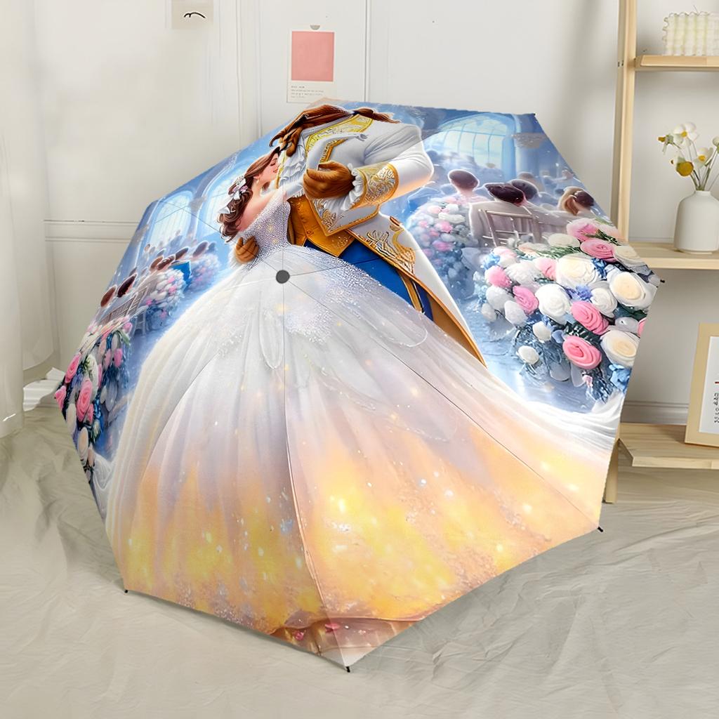 Stained Glass Beauty And The Beast Portable Automatic Umbrella Compact & Durable 8-Rib Design Compact Design Travel Essential Elegant Women's Umbrella