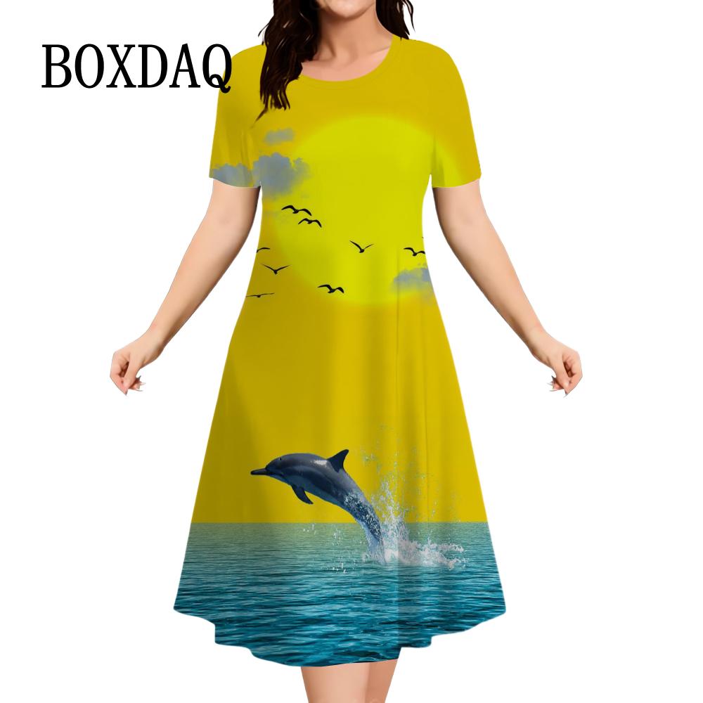 

3D Dolphin Print Dress Women s Casual Short-sleeved Loose Animal Landscape Dress Marine Life Hip-hop Fashion Summer Dress S