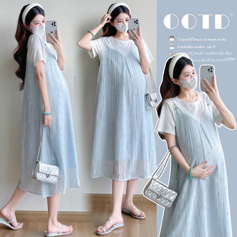 Summer Maternity Korean Cotton T-Shirt with Chiffon Spliced Two-Piece Dress Medium синий