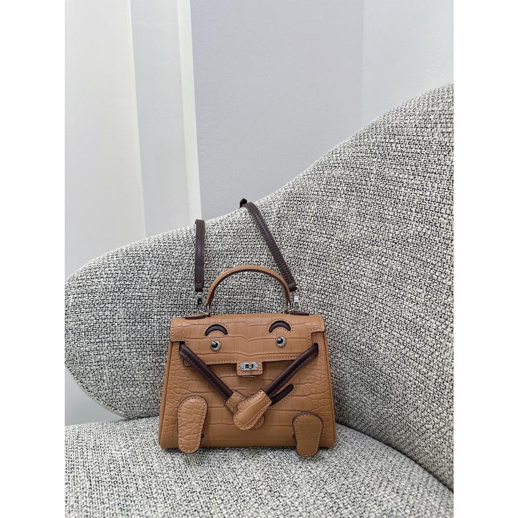 Millennium Doll Bag Smiley Face Bag Genuine Leather Mini Handbag First Layer Cowhide Alligator Pattern Shoulder Messenger Bag Women