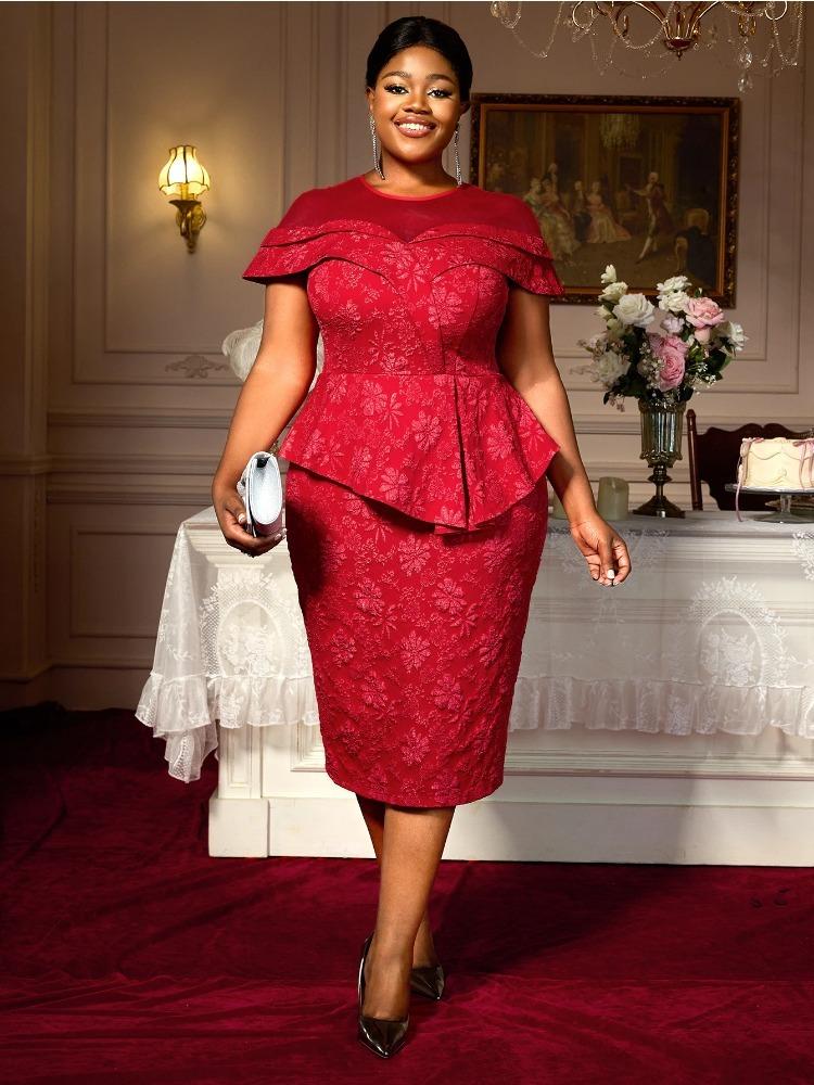 

Красное вечернее платье для женщин с круглым вырезом, облегающее, жаккардовое, с прозрачной сетчатой вставкой, лоскутное, приталенное, для вечеринки, выпускного бала, свадьбы, особого случая, новое 4XL красный