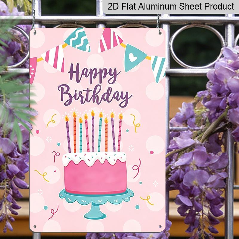 2D Flat, 1pc Pink "Happy Birthday" Cake Metal Wall Art Sign - 8*12 Inch Aluminium Cute Birthday Party Decor, Colorful Candle & Banner Plaque, Perfect