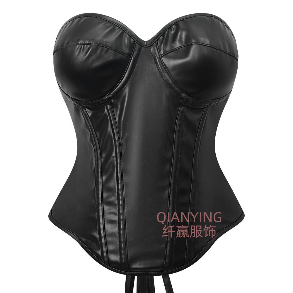 Damen Pu-Leder Boned Korsett Taillentrainer Schlankmachende Shapewear Bustier Top