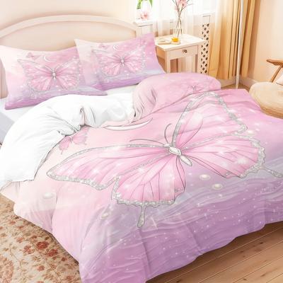 3pcs Pink Floral Butterfly Pattern Duvet Cover Set, 1 Duvet Cover+2 Pillowcases, Coreless. Soft and Comfortable Bedding Set