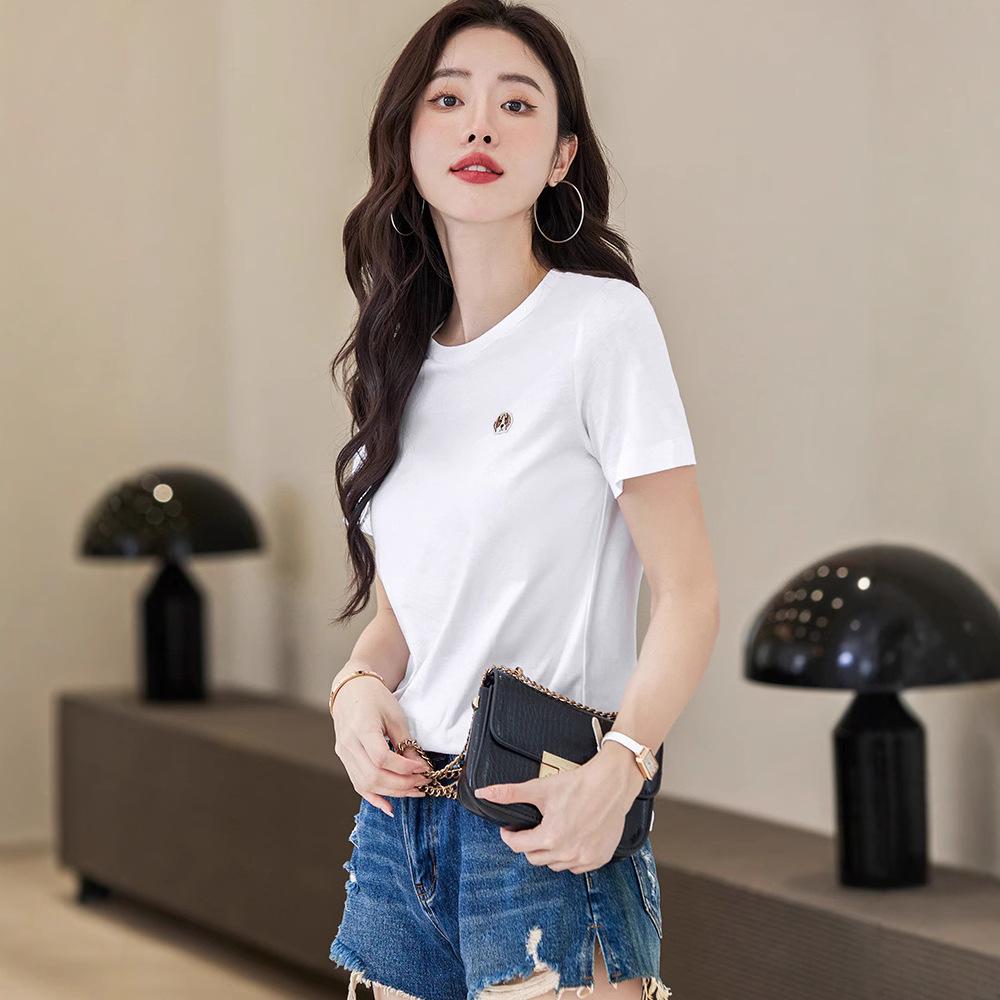 Korean Style Crew Neck Embroidered Dog Head Short-Sleeve Cotton T-Shirt