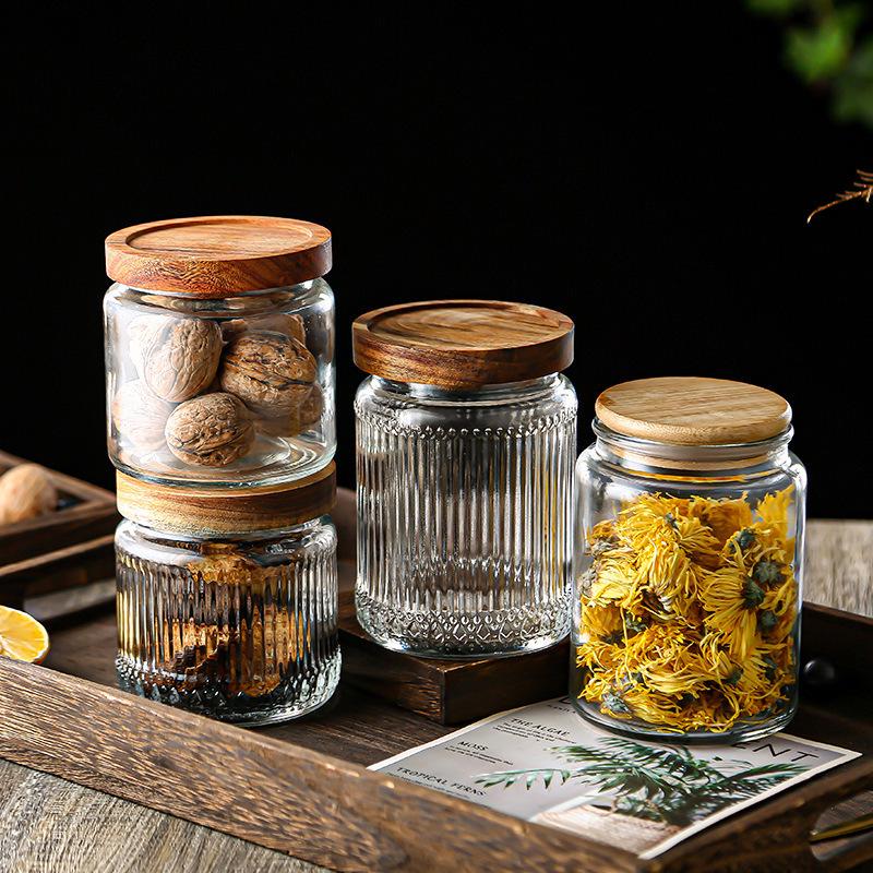 Large Glass Storage Jar with Striped Wooden Lid, Airtight & Food-Grade, Round Transparent Chinese Kitchen Collectible