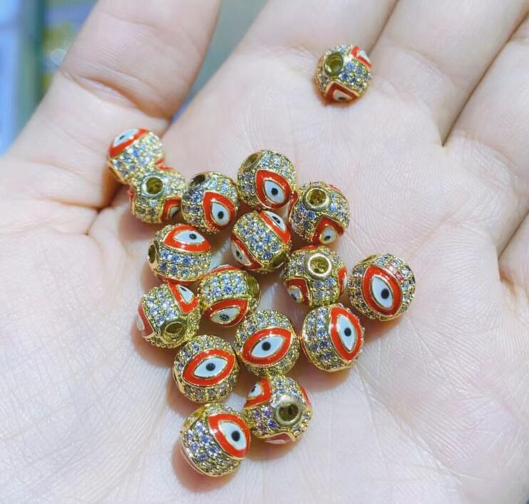 10mm Micro-Paved Round Evil Eye Beads, 14K Gold-Filled Copper with Zircon Epoxy