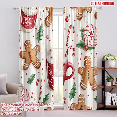 2 pièces, impression plane 2D Rideau de fenêtre Friandises de Noël Chocolat chaud Pain d'épices Tissu durable 100% polyester (sans tige)