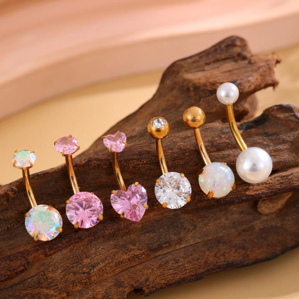 6pcs/ser Navel Belly Piercing Jewelry Cute Pink CZ Heart Navel Belly Rings for Women 14G Gold Stainless Steel Body Piercing