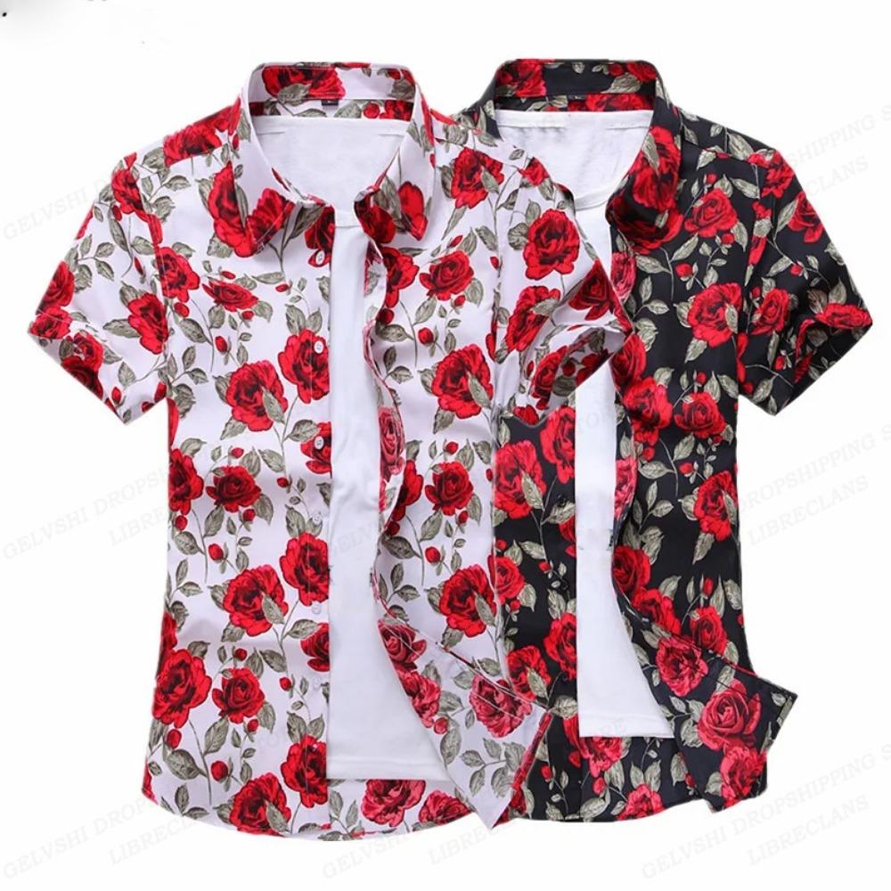 Camicie Hawaiane Floreali Estive Uomo Moda Camicia a Maniche Corte Camicetta a Fiori Collo Turn-Over Casual Revers Camisas Abbigliamento Uomo