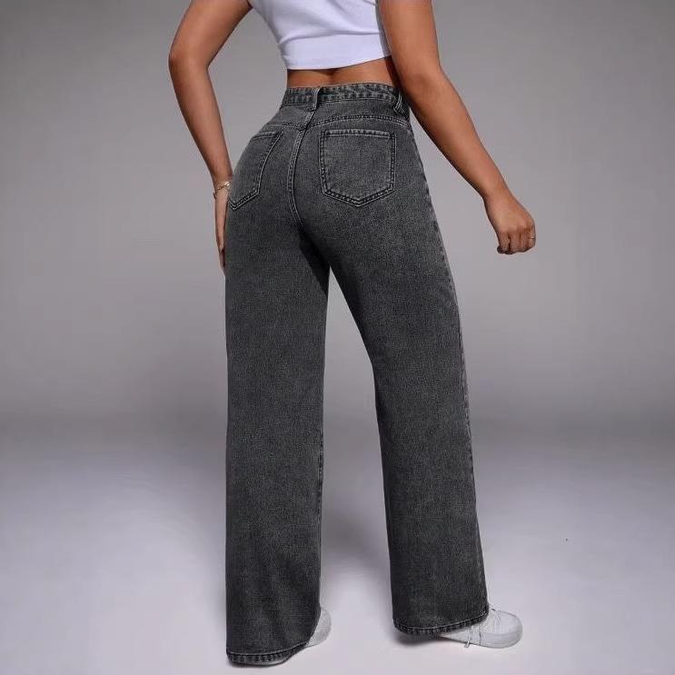 Women Mid Waist Wide Leg Jeans Loose Fit Full Length Casual Baggy Denim Trousers With Pockets