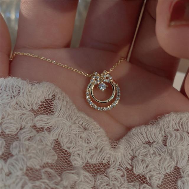 

ANENJERY Цирконове кругле намисто з бантом із мікровставками для жіночої моди, вишуканий ювелірний комір, вечірній ланцюжок золотий