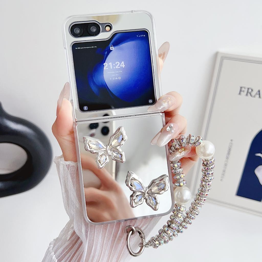 Applicable to Samsung Galaxy ZFlip6 mirror folding mobile phone case bracelet butterfly zflip5 folding mirror hard case