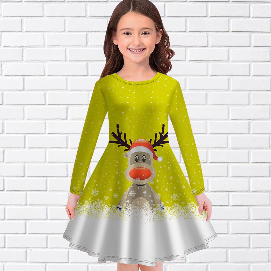 Girl Casual Christmas Reindeer Print Round Neck Long Sleeve Dress Kid Princess Dress