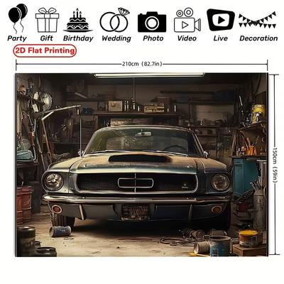 2D Garage Muscle Car Photo Backdrop Men Birthday Decor Cloth