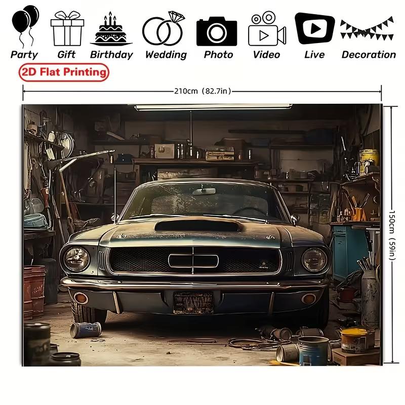 2D Garage Muscle Car Photo Backdrop Men Birthday Decor Cloth