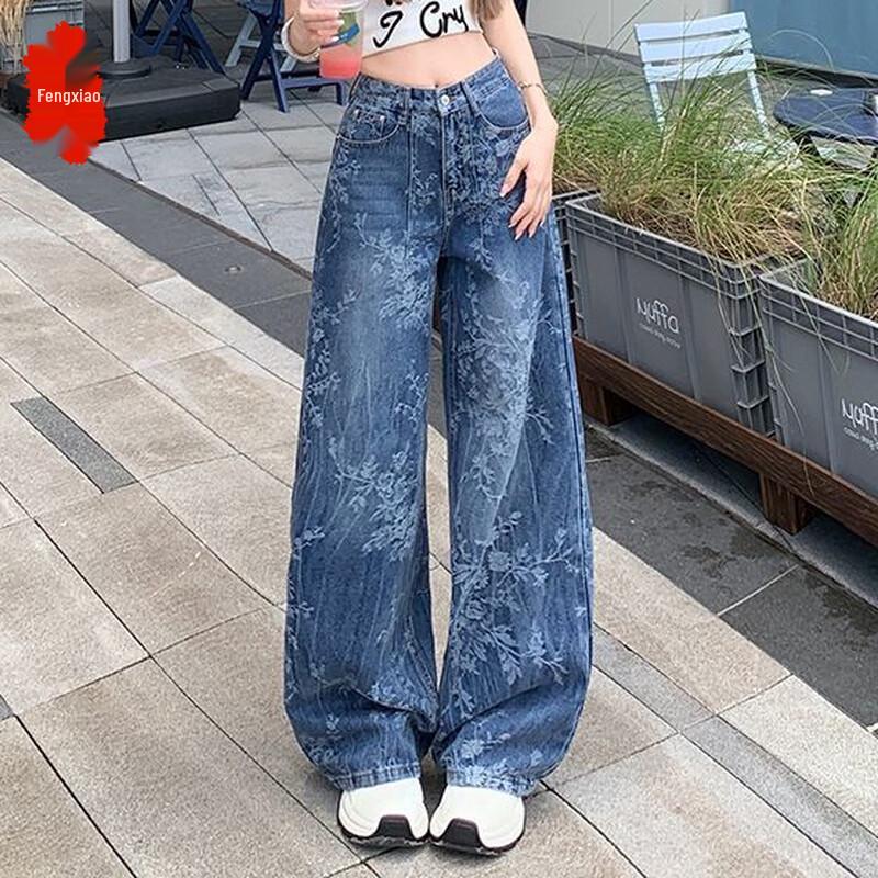 

Women s American Retro Jacquard Denim Wide-Leg Pants M