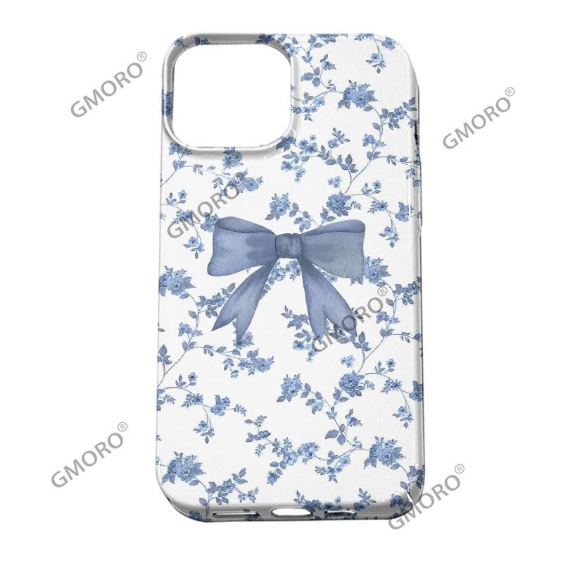 Blue floral bow iPhone17 high-end film, Apple 16Pro anti-drop mobile phone case.