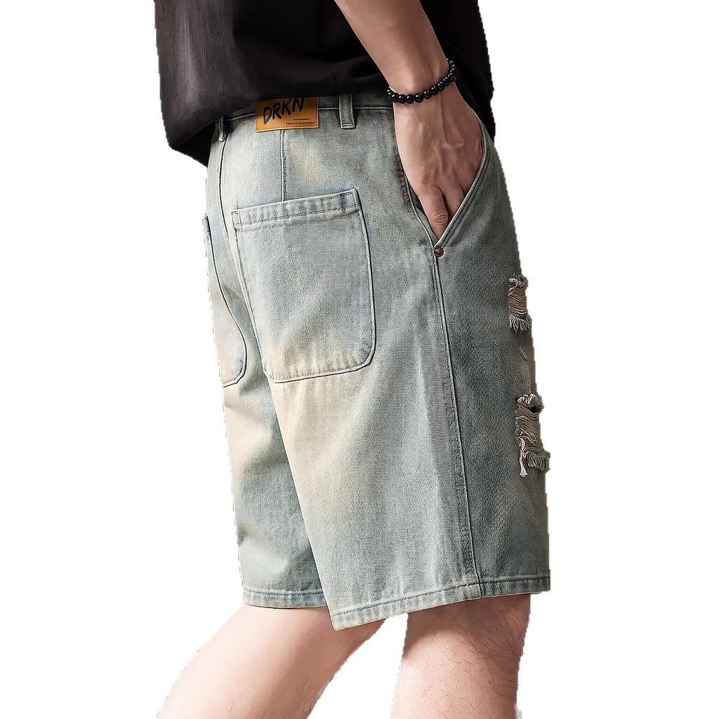 Hochwertige amerikanische gewaschene zerrissene Denim-Shorts Herren Sommer Neu Locker und atmungsaktiv Gerade Fünf-Punkt-Hose
