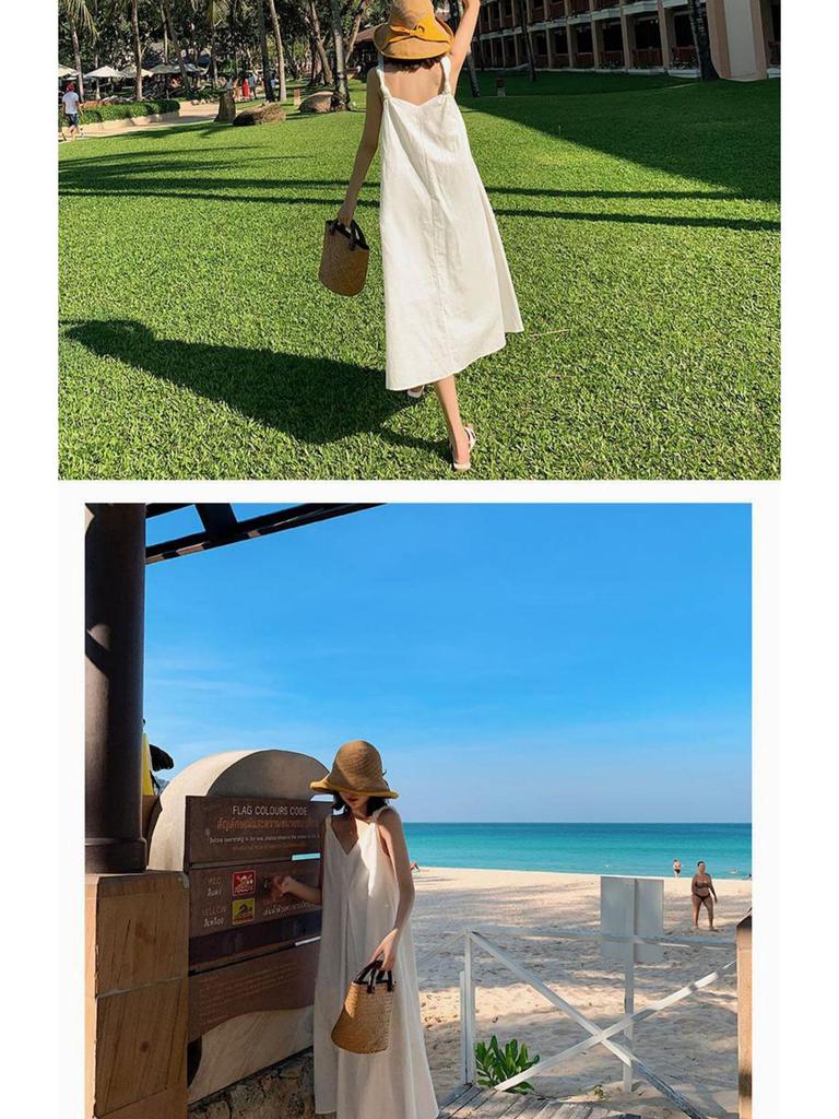 Women's 2026 Summer White Spaghetti Strap Beach Dress - Loose Fit, Slimming, Seaside Vacation Style Long Dress