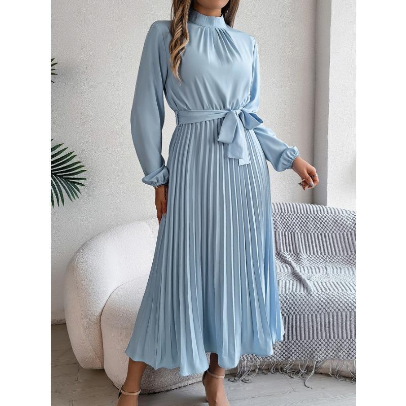 Women's Autumn and Winter Elegant Stand Collar Long Sleeve Waist Pleated Long Dress