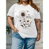 Women Floral Daisy Print T-Shirt Black White Round Neck Short Sleeve Loose Relaxed Fit Lightweight Breathable Spring Summer Casual Top