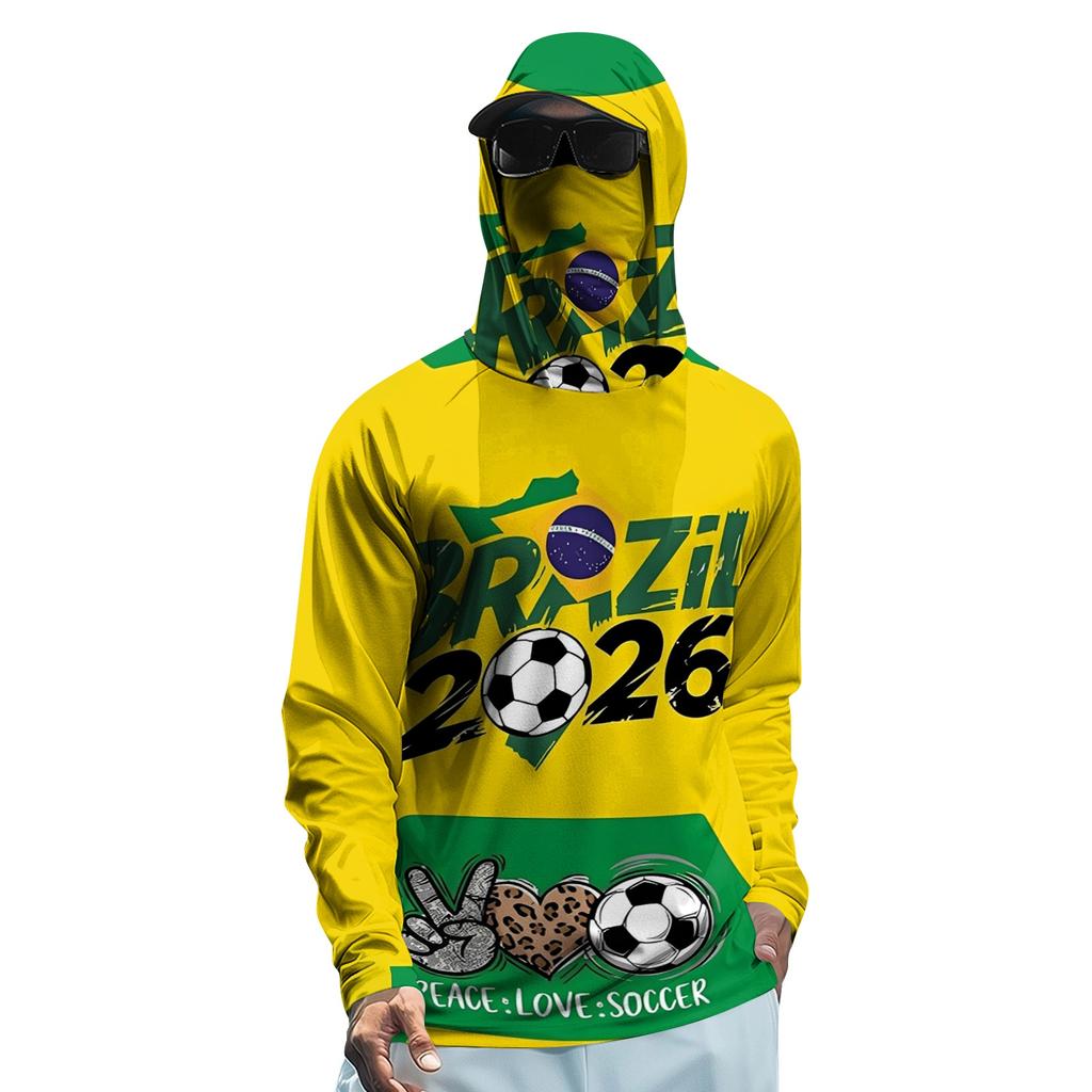 Men's Long Sleeve Sun Protection Hoodie Lightweight Breathable Soccer Sportswear with Hood and Face Cover UV Protection for Outdoor Activities