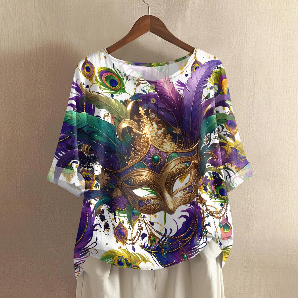 Women's Fashionable And Casual Shirt Half Sleeve Round Neck Print Cotton And Linen Blouse Top