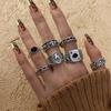 Vintage Black Glaze Zircon Spade Heart Ring Set - 7 Pieces