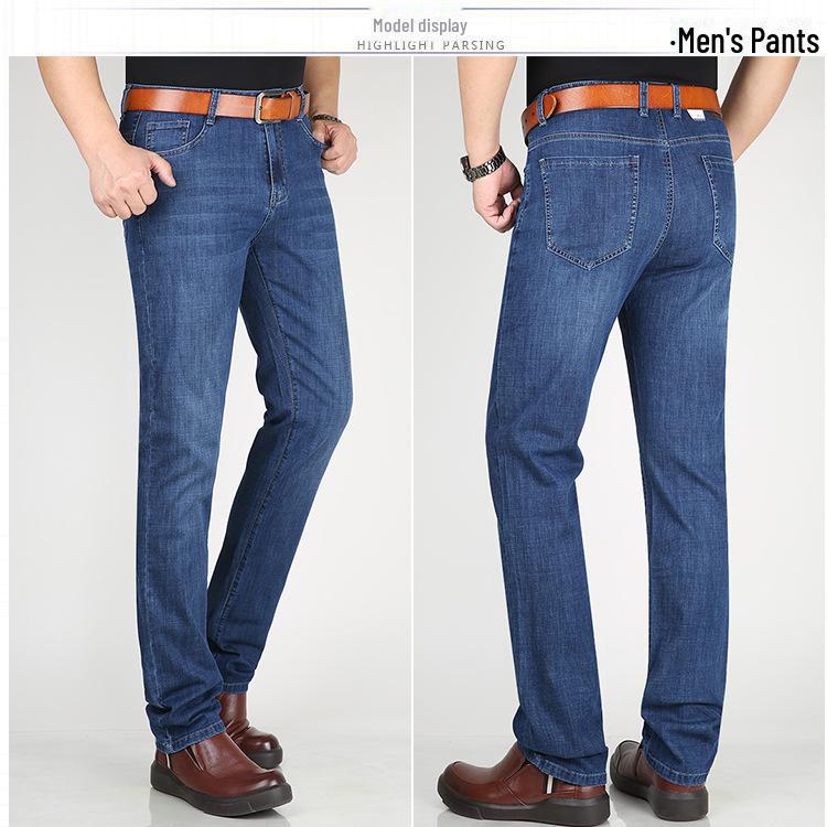 Men's High-Quality Cotton Elastic Waist Straight-Leg Jeans for Summer - Business Casual Solid Color Pants