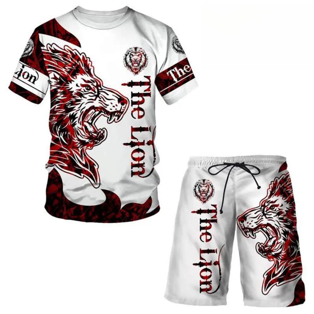 Summer Round Neck 3D Animal Printed Set Fashionable and Casual Short Sleeved Shorts Men's Sport Wear