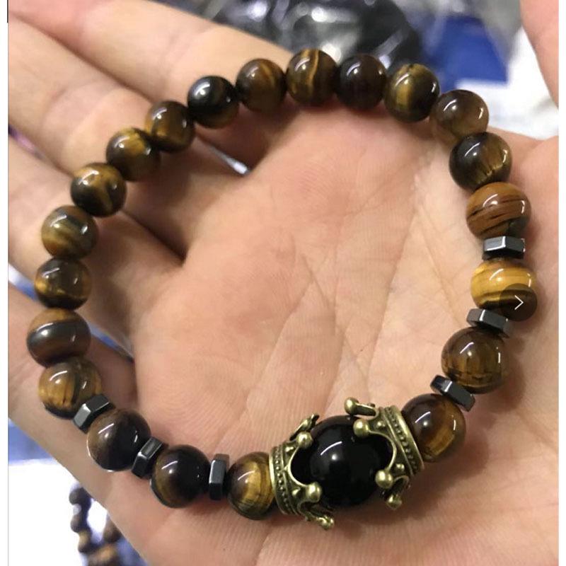 Introducing: Elegant Tiger Eye Stone Big Crown Bracelet with Agate Frosted Beads - European and American Fashion Statement Jewelry.
