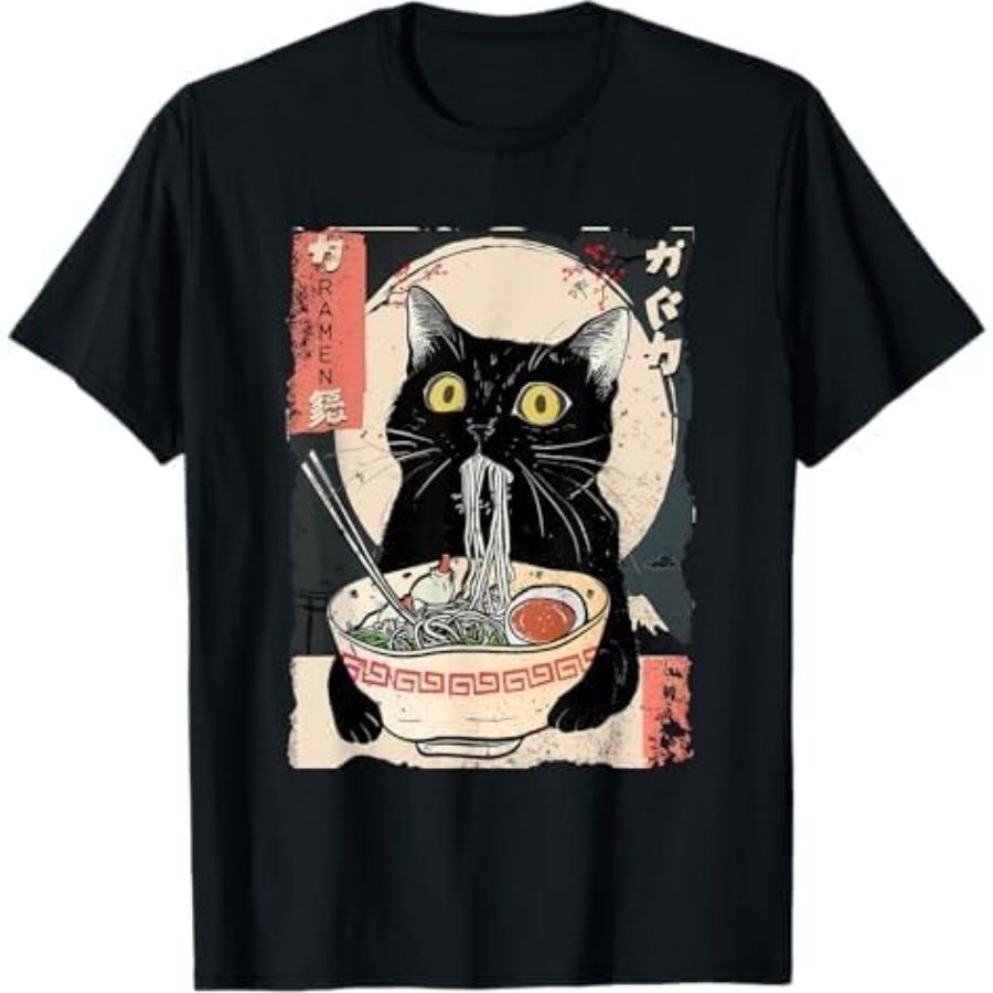 Кавайная кошка ест рамен Забавный аниме-подарок для девочек и подростков Футболка PNCAAPT Черный S