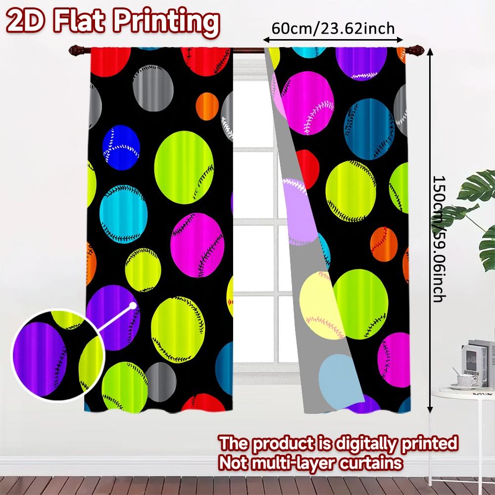 2pcs, 2D FLAT PRINTING Curtains (Without Rod) Colorful Baseballs Christmas Festival Fashion Curtains Versatile Polyester
