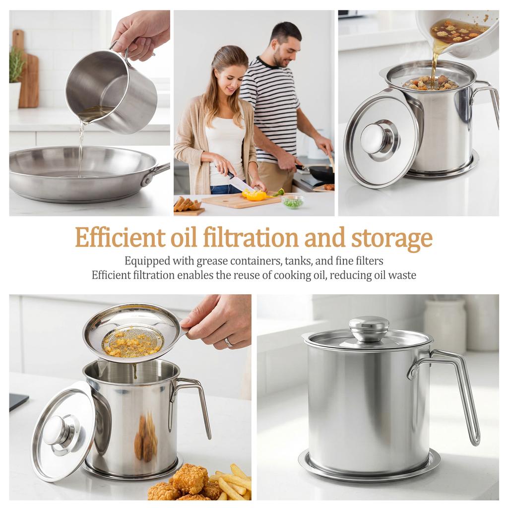 1.8 L /61 oz Fat Container Stainless Steel Oil Strainer Pot Container Jug with Filter Grease Fat Storage Can for Kitchen Cooking