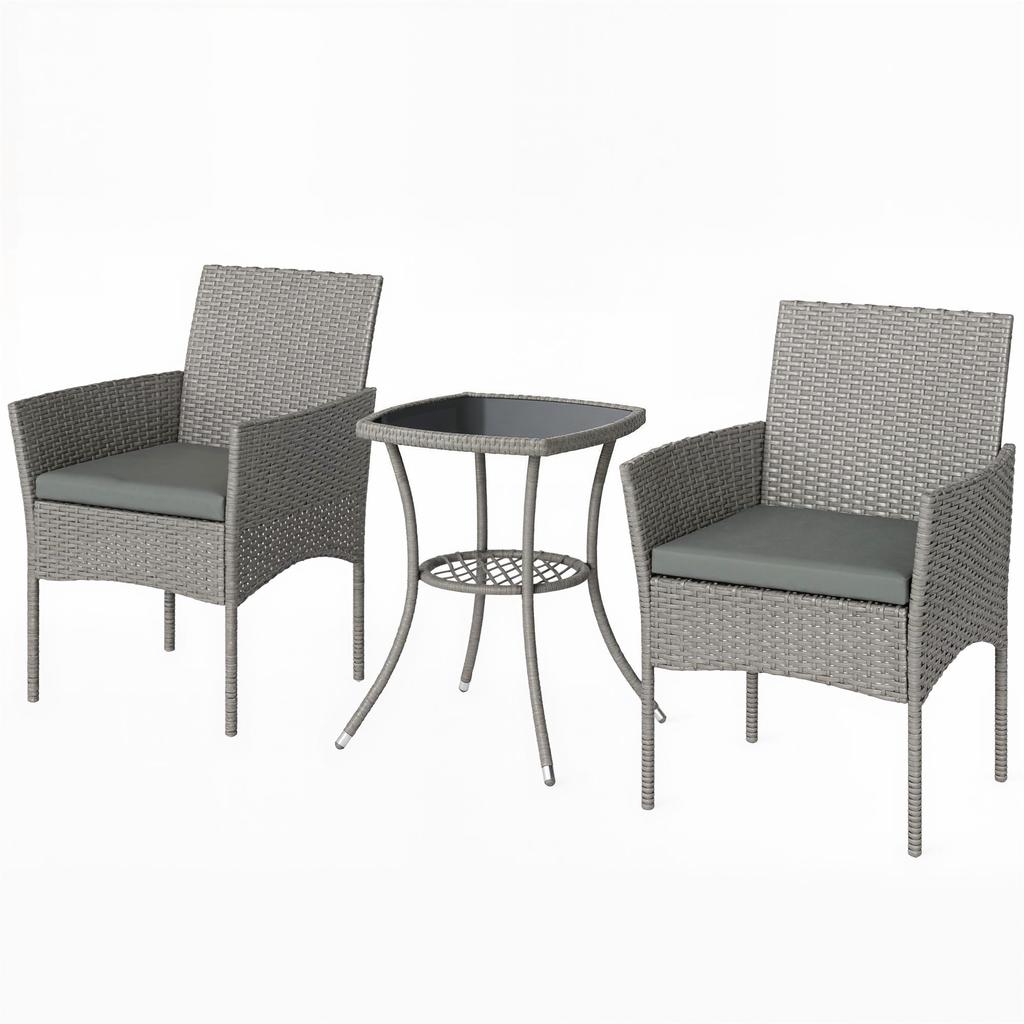 3 Piece Rattan Bistro Set, PE Wicker Garden Furniture Conversation Set with 2 Tier Glass-Top Table, Chairs, Dark Grey