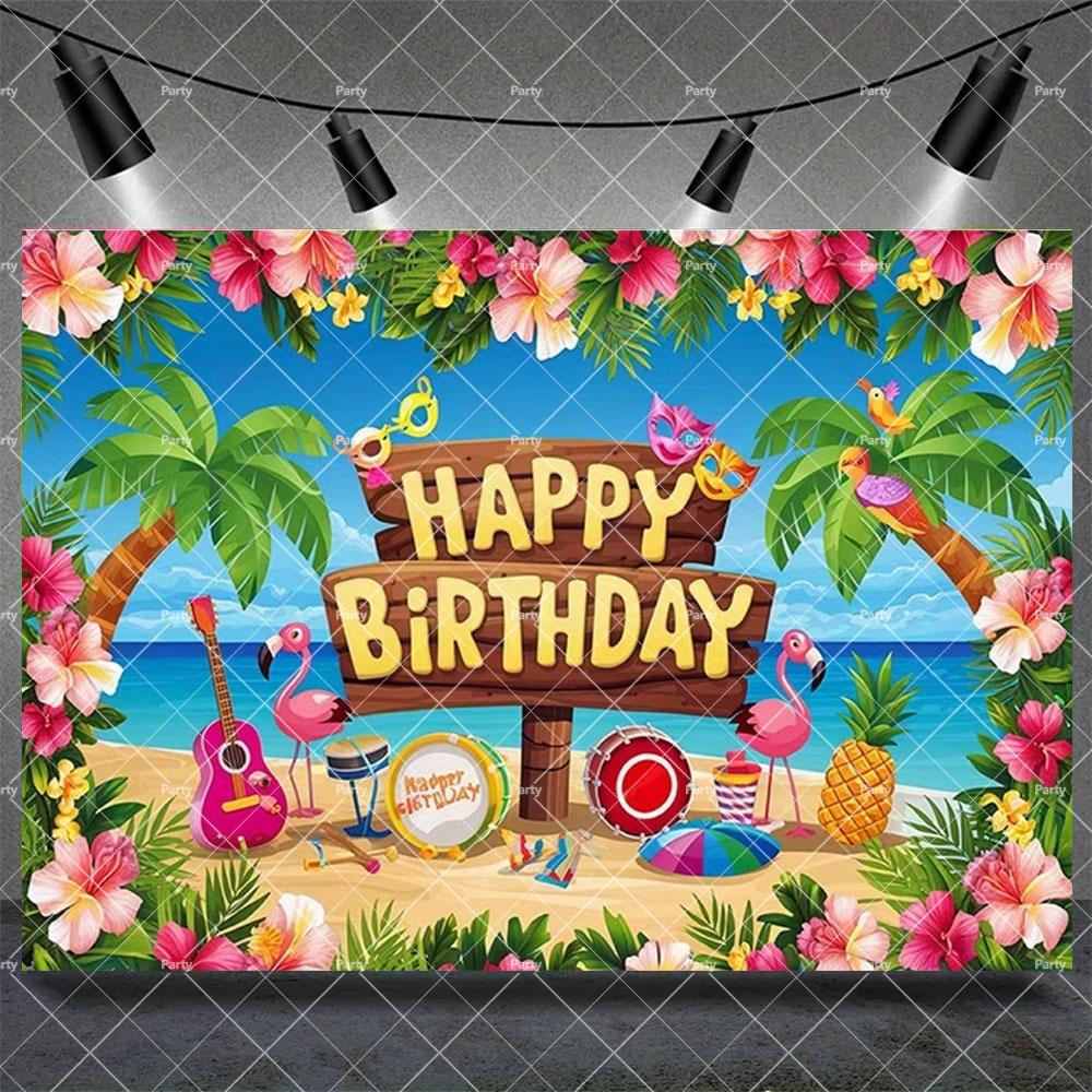 Hawaiian Tropical Summer Beach Background with Flamencos, Flowers, Aloha, Luau, Surfboard, for Parties, Photographic Studio Decoration