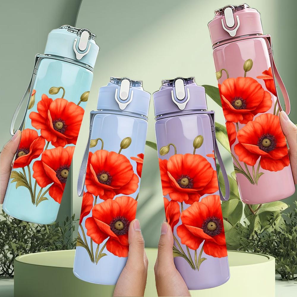 1PC Red Poppy Floral Bouquet Art 750ml Color Plastic Sports Water Bottle Leakproof Flip Straw Lid Suitable for Sports Office Home Use