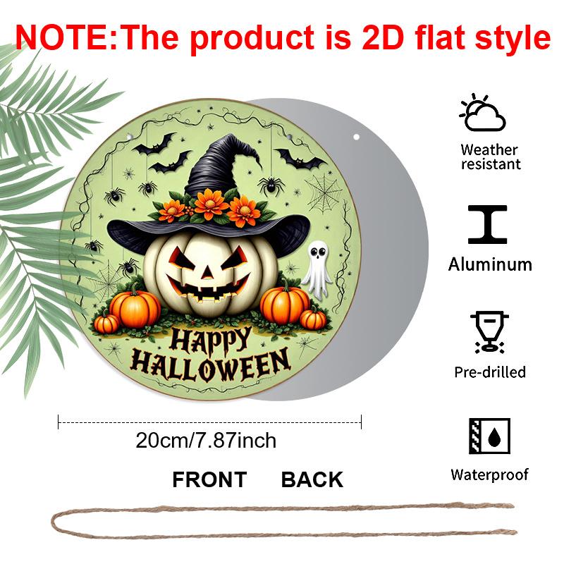 2D Flat, 1pc Retro Bohemian Style Aluminum Halloween Wall Decor Plaque - Round Witch Hat, Bat, Pumpkin And Metal Sign with "Happy Halloween" Quote