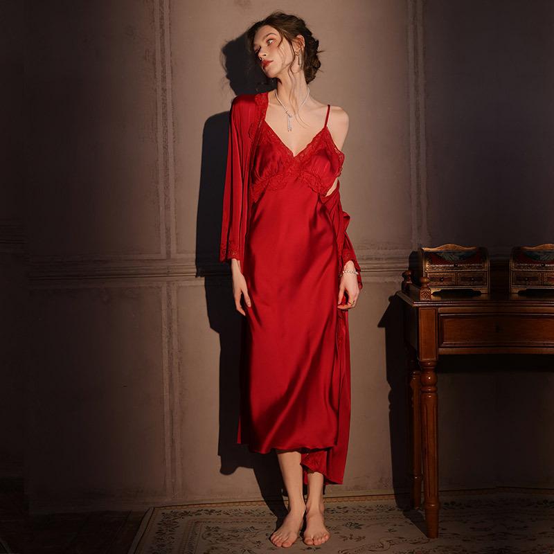 Women’s Sexy French Style Ice Silk Nightgown Spring Summer Fall Long Lace Camisole Sleep Dress Loungewear