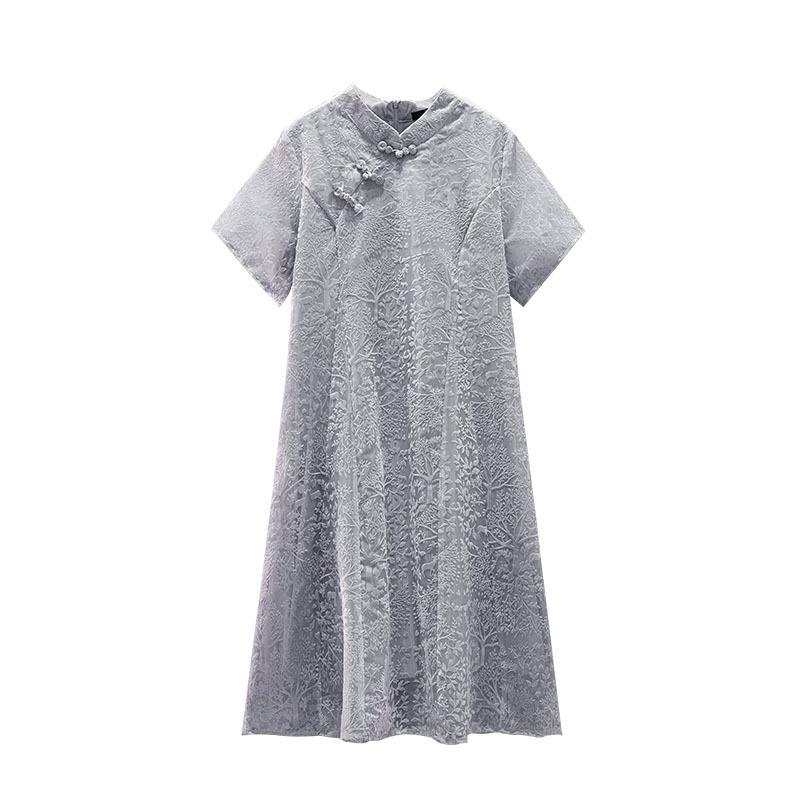 Ladies Temperament Elegant Half High Neck Dress Plus Size Slightly Stretchy Slant Lapel Cheongsam