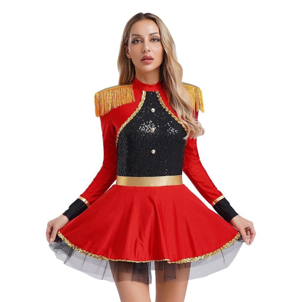S-XXL Damski Kostium Cyrkowca Body Sukienka Długie Rękawy Frędzle Naszywki na Ramionach Błyszczące Płatki Kostium Cyrkowy Kostium na Halloween
